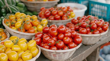 Fresh Tomatoes and Yellow Cherry Tomatoes at Local Farmers Market Stall