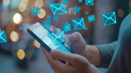 Digital communication, email notifications and mobile technology with smartphone in hand sending messages to social media apps or text messages. Real time updates from electronic devices.
