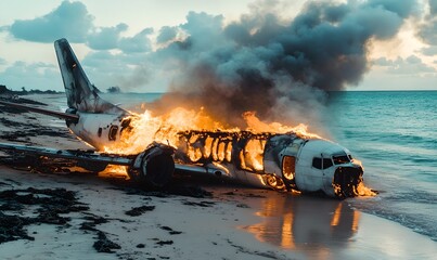 Burning airplane wreckage on the beach. Aviation disaster and air accident concept. Aircraft crash in flames. Emergency response