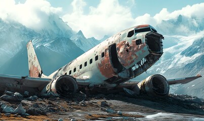 Airplane ruins in the mountains. Crashed plane wreck. Aviation disaster and air accident concept. Abandoned wrecked aircraft. Exploration and adventure concept. Beautiful landscape, scenery