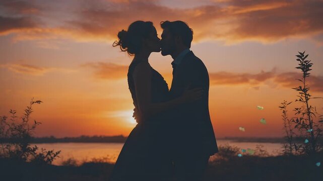 silhouette of a couple kissing  in front of sunset