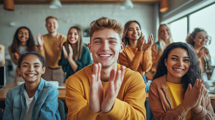 Fototapeta premium Energetic Young Adults Clapping and Smiling in a Vibrant Group Gathering