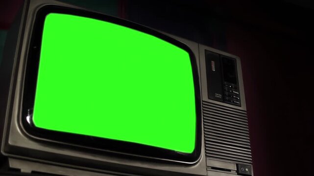 1980s Vintage TV with Green Screen, You Can Replace Green Screen with the Footage or Picture You Want with 'Keying' Effect (Check Out Tutorials) &ndash; 4K Low-Angle View