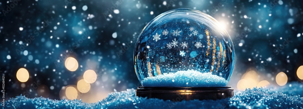 Poster snow globe with snowflakes and blurry lights on a snowy surface