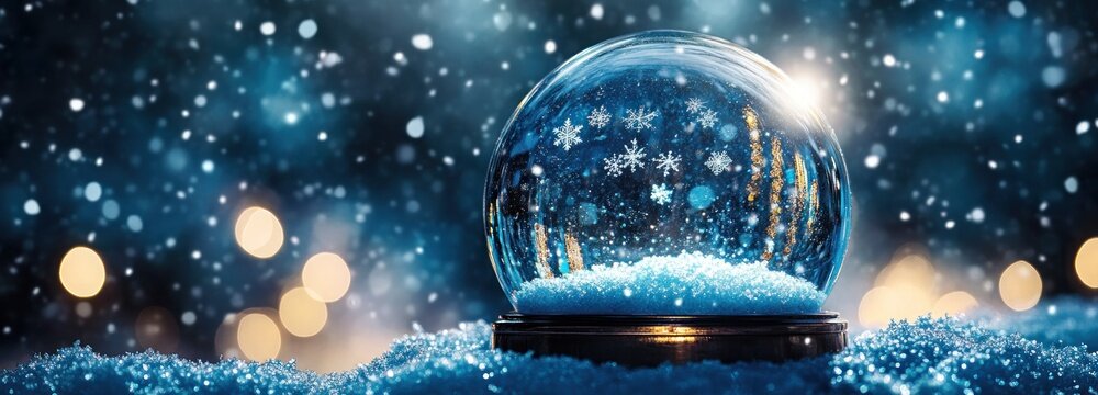 Snow Globe with Snowflakes and Blurry Lights on a Snowy Surface