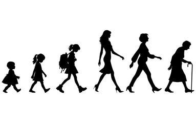 Vector illustration. Silhouette of growing up man from baby to old age. Many people of different ages in a row