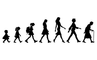 Obraz premium Vector illustration. Silhouette of growing up man from baby to old age. Many people of different ages in a row