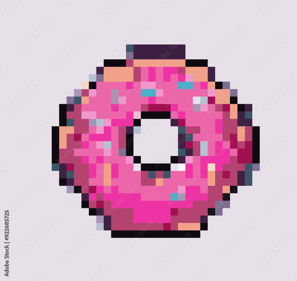 Poster pixel art of a pink donut with sprinkles, featuring a retro digital style. it captures a playful and