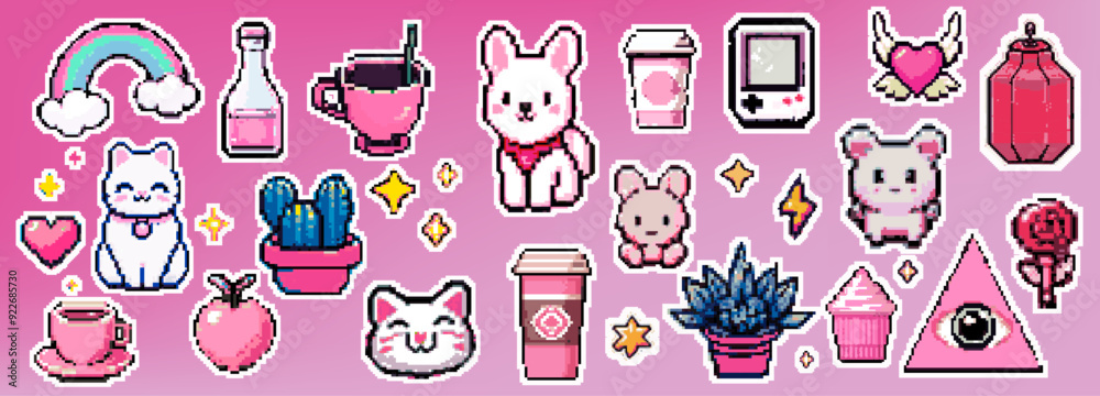Poster pixel art y2k geek sticker set. 8bit retro game elements like fruits, animals, plants. vector graphi