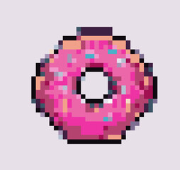 Obraz premium Pixel art of a pink donut with sprinkles, featuring a retro digital style. It captures a playful and nostalgic vibe with vibrant colors and blocky details.