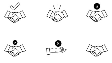handshake icon set, partnership deal icon, business agreement, deal icon, money icon, friendly handshake icon, 5 handshake icon set, successful deal, vector illustration.