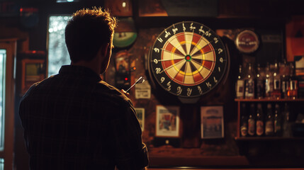 Professional darts player is concentrating while aiming at the dartboard in a vintage pub