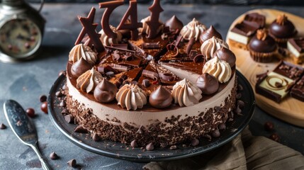 Decadent Chocolate Cake with Elegant Toppings on Display