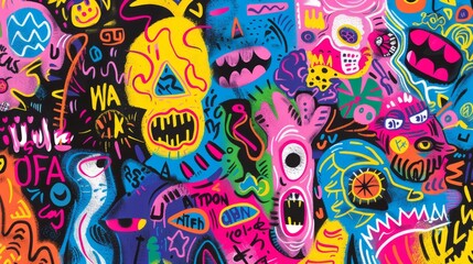 Obraz premium Vibrant Graffiti Artwork Featuring Abstract Faces and Patterns