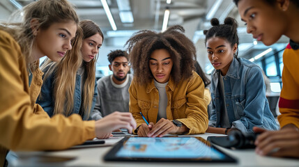 Diverse Group of Young Students Engaging in a Collaborative Project Indoors