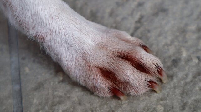Fungus on a dog's paw. Fungal dermatitis/fungal infection that causes damage to the nails and nail bed.