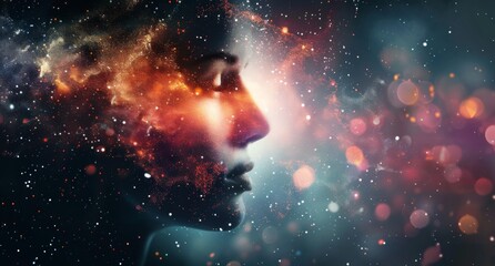 Cosmic Reflection: Profile of a Woman Surrounded by Nebulas and Stars in a Dreamlike Setting