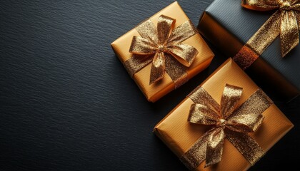 Elegant Gold and Silver Gift Boxes with Shimmering Ribbons on Dark Background