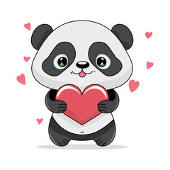 Children&rsquo;s birthday invitation cute panda with heart. Flat vector illustration.