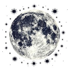 Full moon with surrounding stars and sun, iconic symbols, clean and clear, isolated on white background