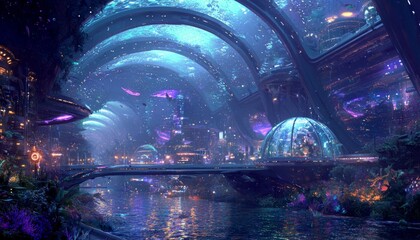 Underwater Cityscape with Futuristic Architecture and Marine Life