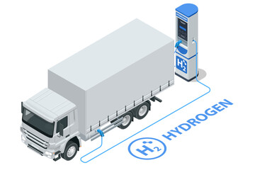 Isometric Hydrogen energy car. Alternative energy and zero emission. Hydrogen powered transportation. Green energy