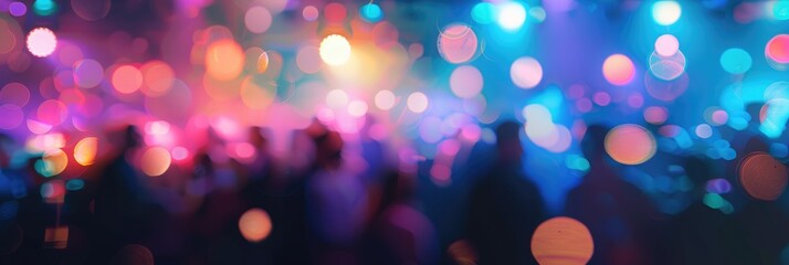 Blurred silhouettes of individuals in a concert venue featuring vibrant lighting spotlights