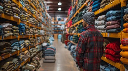 Naklejka premium Man Contemplating Fabric Choices in Textile Warehouse
