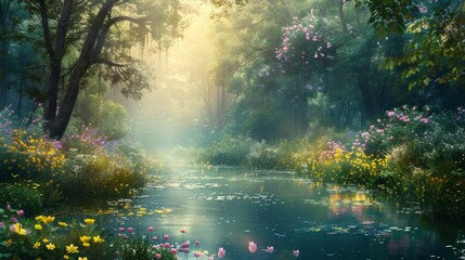 Enchanted Forest River at Sunrise with Blooming Flowers