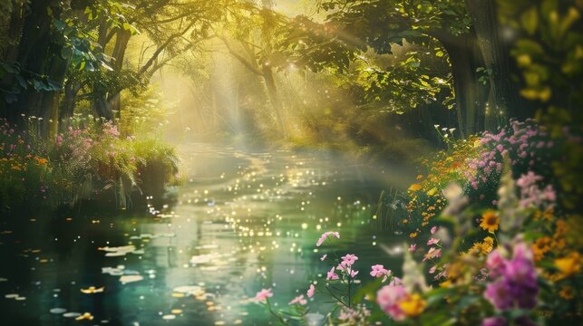Enchanted Forest River at Sunrise with Blooming Flowers - Powered by Adobe