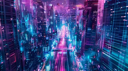 Obraz premium Futuristic Cityscape with Flying Vehicles and Neon Lights