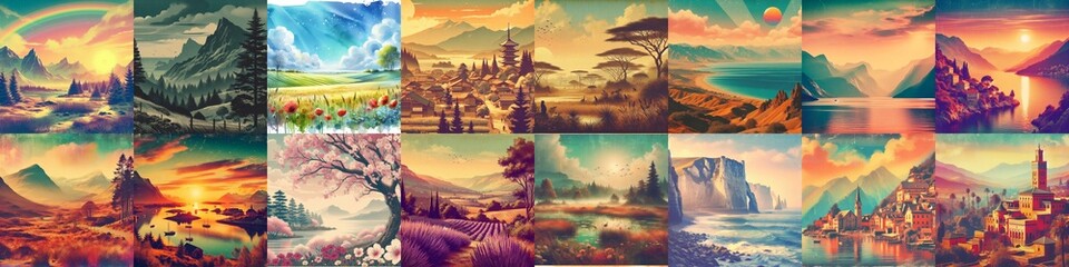 Vintage Cut and paste style landscape. AI generated illustration