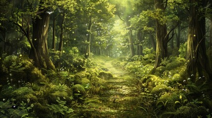 Fototapeta premium Enchanted Forest Path with Sunbeams and Lush Greenery