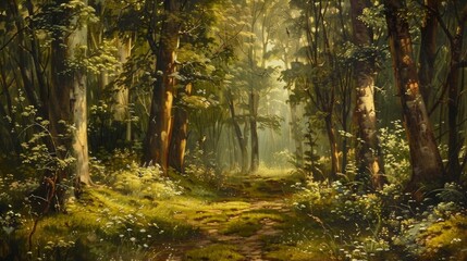 Obraz premium Enchanted Forest Path with Sunlight Filtering through Trees