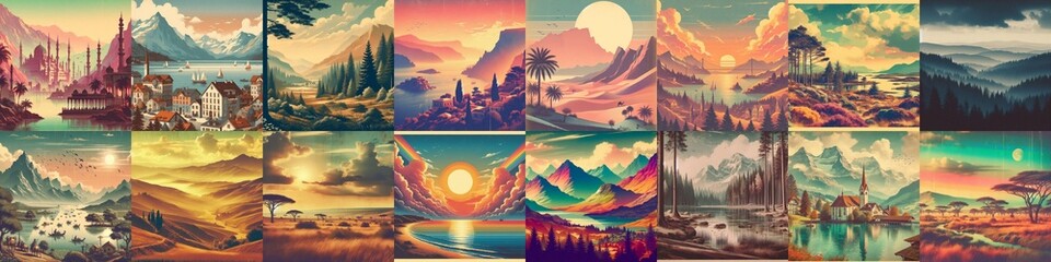 Vintage Cut and paste style landscape. AI generated illustration