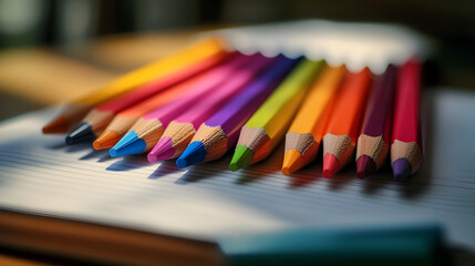 Fototapeta premium Notebook with colored pencils for adding text