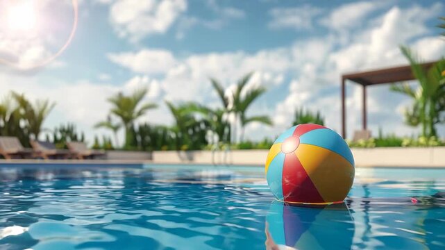 Blue Pool with Beach Ball Footage. Tropical Vacation, Summer Fun Motion Video. Relaxation at Resort. Leisure and Recreation Background. Swimming Pool Clip.