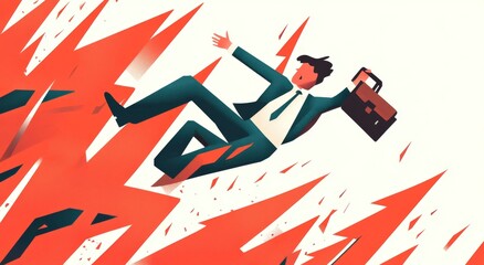 Businessman falling amidst red spikes, symbolizing financial crisis or downfall