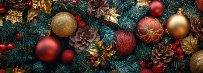 Close-up of Red and Gold Christmas Ornaments on a Green Garland
