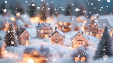Fototapeta premium Snowy festive village scene with twinkling lights, holiday decorations, and snow...