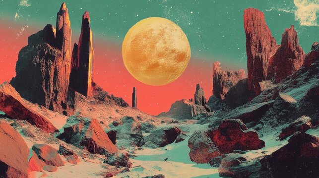 Surreal Alien Landscape with Giant Moon and Rocky Terrain - Powered by Adobe