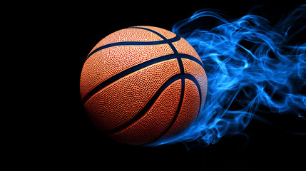 Fototapeta premium A basketball with blue flames, isolated on a black background. 3D rendering, copy space concept. 