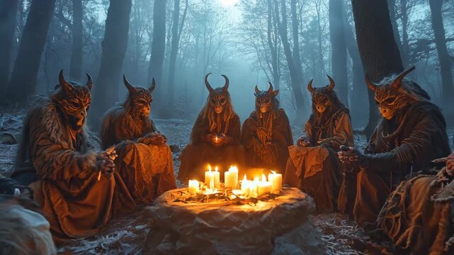 Mysterious nighttime gathering of hooded, horned figures in an ancient, fog-covered forest, encircling a candlelit ritual fire, symbolizing deep-rooted pagan traditions, mystical ceremonies