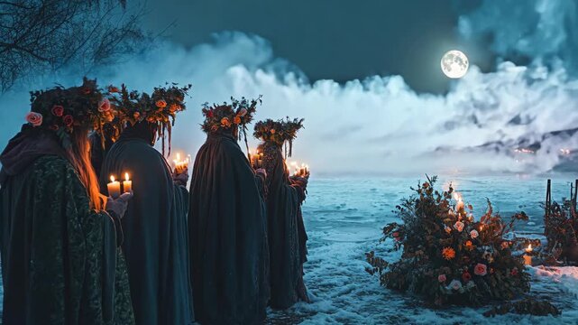 Enchanting group of women dressed in cloaks with flower crowns, holding candles by a moonlit frozen lake, performing a mystical winter solstice ritual under the full moon in a serene and snowy landsca