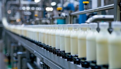 Fototapeta premium White Plastic Bottles on Conveyor Belt in Industrial Facility