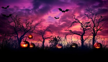 Fototapeta premium Enchanted Forest Halloween Night with Pumpkin Lanterns