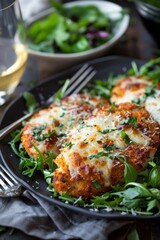 Chicken Parmesan Over Spaghetti with Fresh Basil