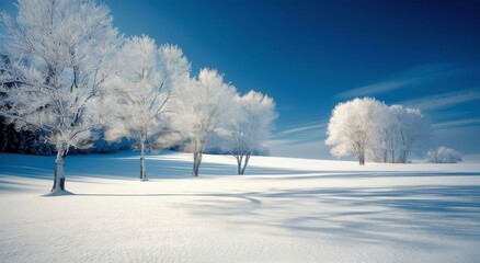 Frosty Winter Landscape With Snow-Covered Trees Under Clear Blue Sky