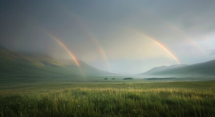 Triple Rainbow Arching Over Lush Green Hills at Dusk