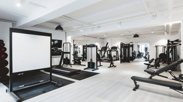 A well-lit, modern gym interior with sleek black weight machines and treadmills against a white background, ready for a workout.